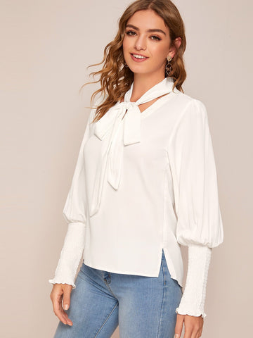 Solid Tie Neck Shirred Puff Sleeve Blouse