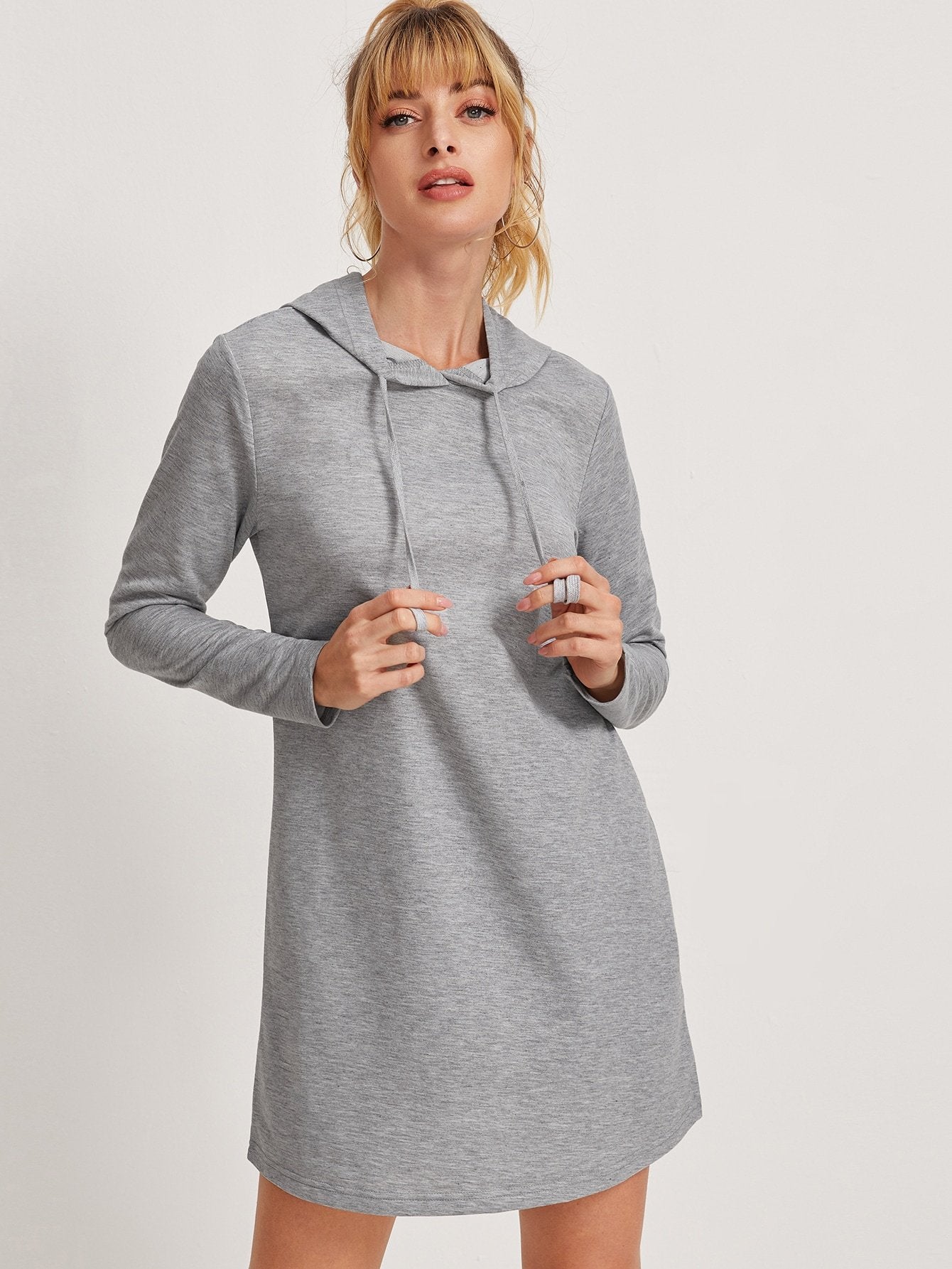 Solid Drawstring Hooded Sweatshirt Dress