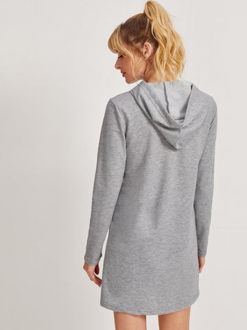 Solid Drawstring Hooded Sweatshirt Dress