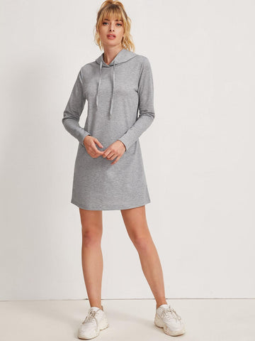 Solid Drawstring Hooded Sweatshirt Dress