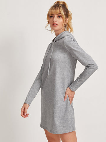 Solid Drawstring Hooded Sweatshirt Dress