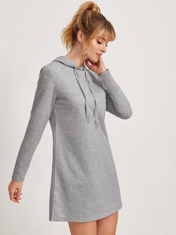 Solid Drawstring Hooded Sweatshirt Dress