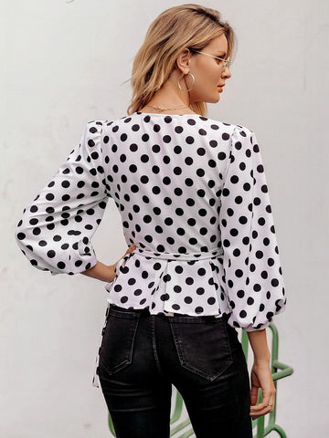 Simplee Blouson Sleeve Knotted Polka-dot Peplum Top