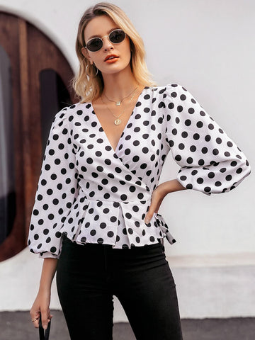 Simplee Blouson Sleeve Knotted Polka-dot Peplum Top