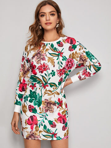 Floral Print Crew Neck Sweatshirt Dress