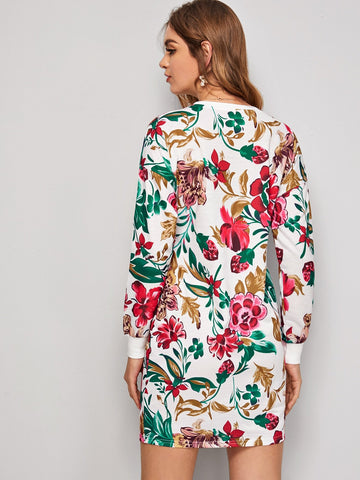 Floral Print Crew Neck Sweatshirt Dress