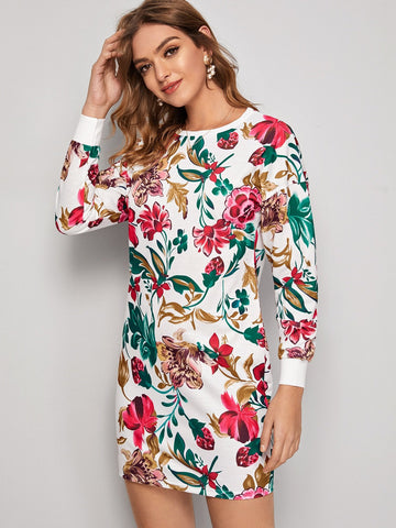 Floral Print Crew Neck Sweatshirt Dress