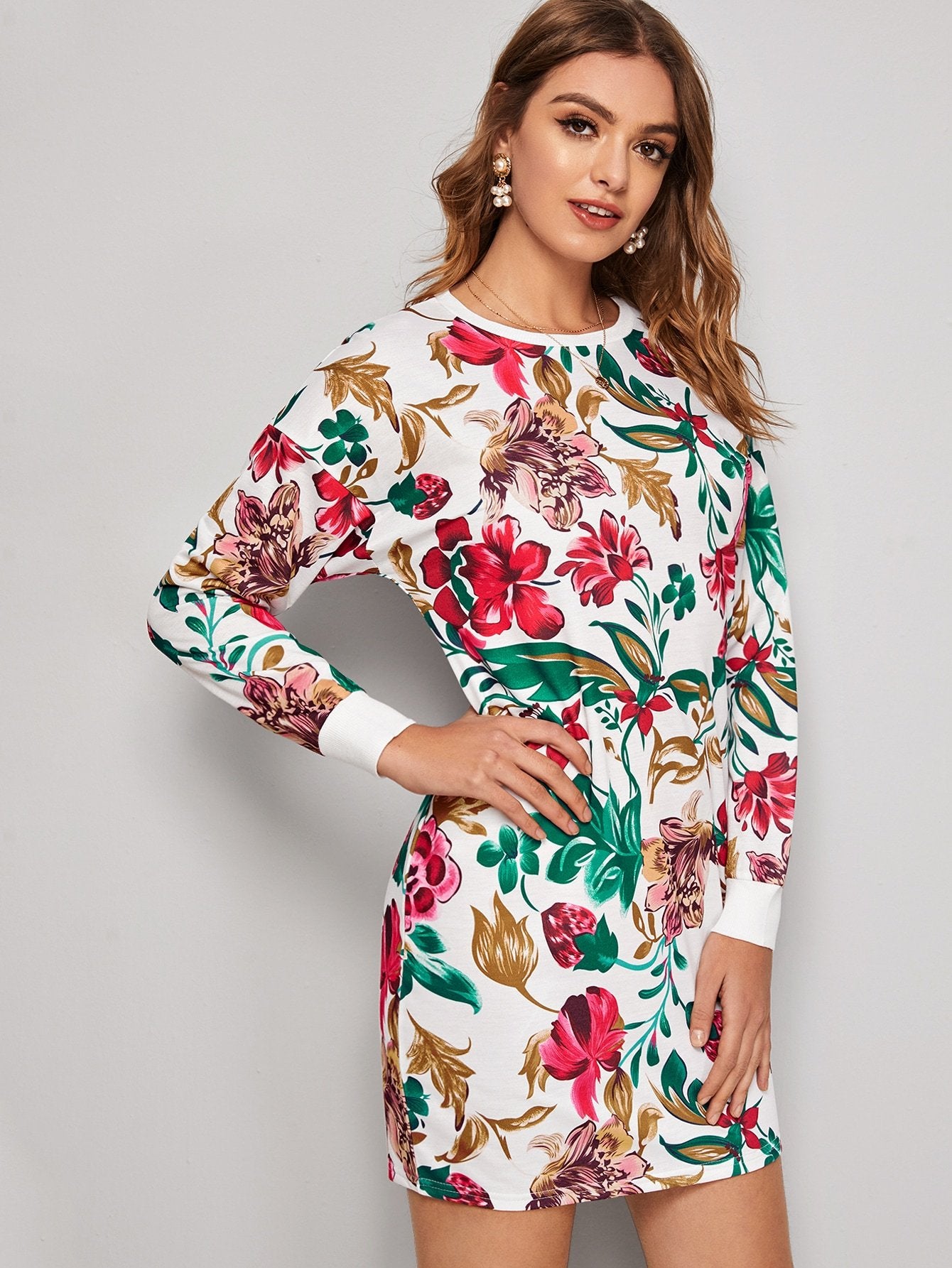 Floral Print Crew Neck Sweatshirt Dress