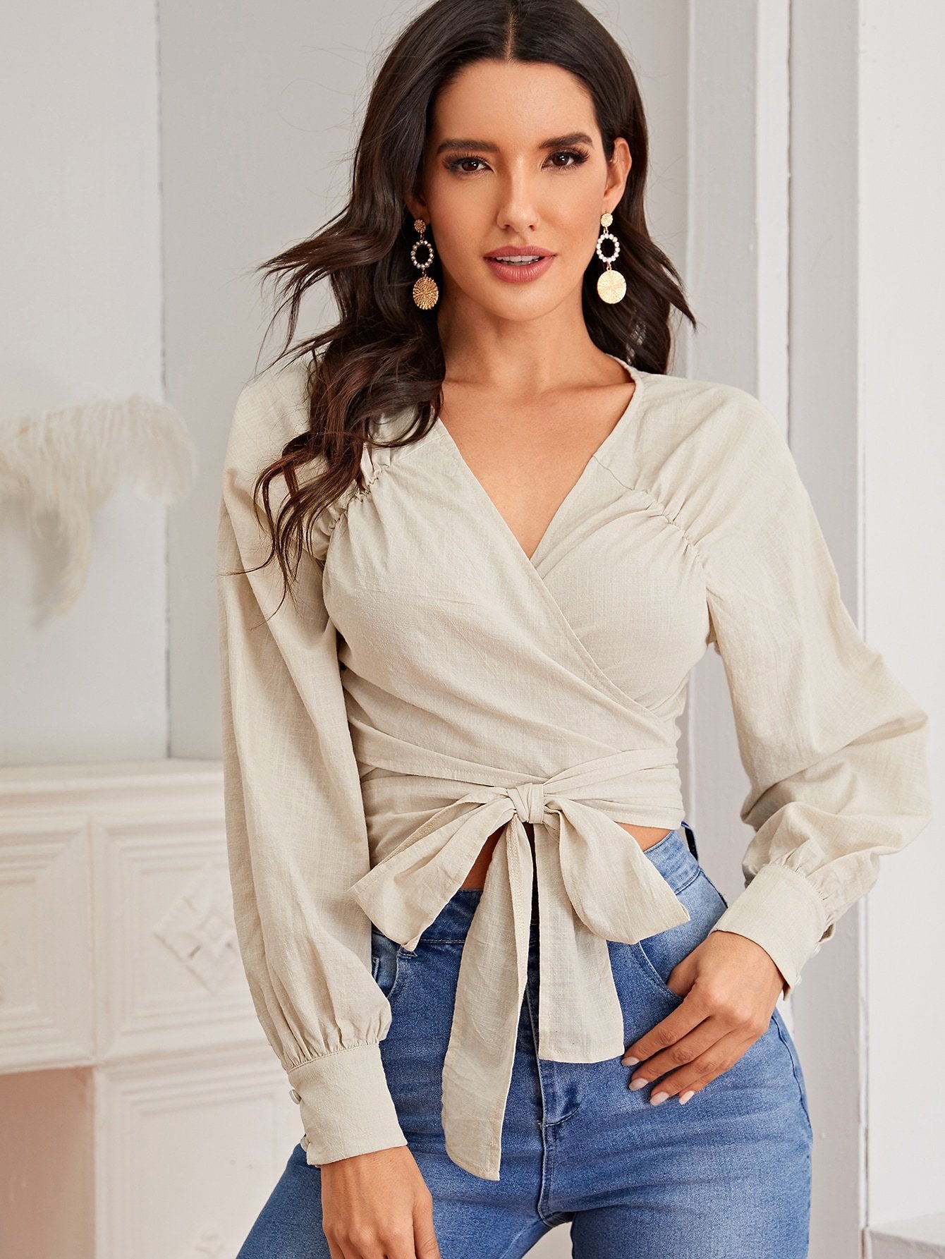Raglan Sleeve Wrap Belted Crop Top