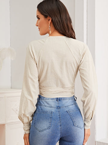 Raglan Sleeve Wrap Belted Crop Top