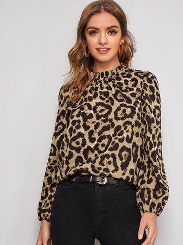 Mock Neck Leopard Print Blouse