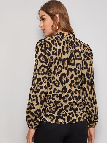 Mock Neck Leopard Print Blouse