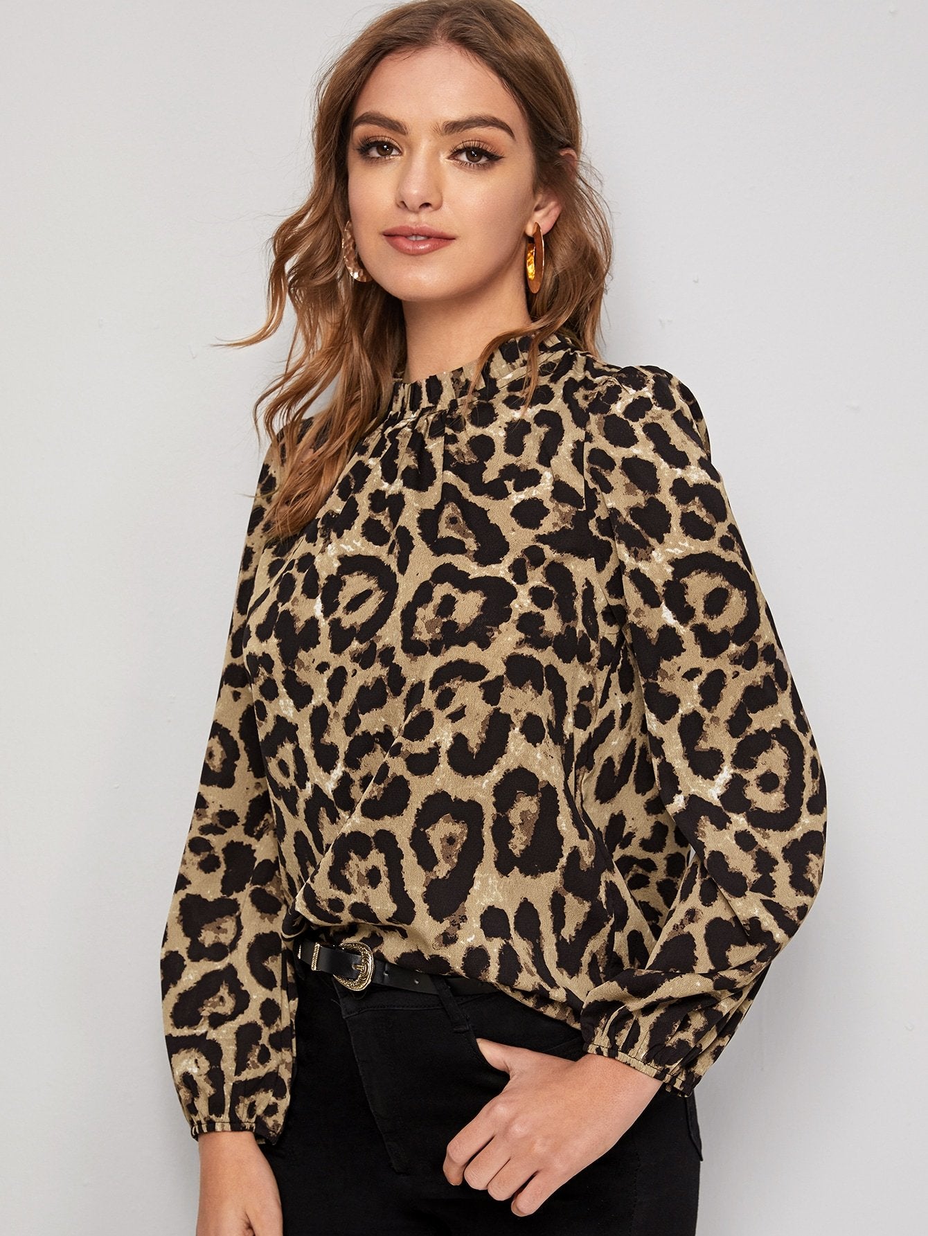 Mock Neck Leopard Print Blouse