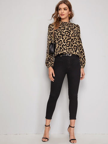Mock Neck Leopard Print Blouse