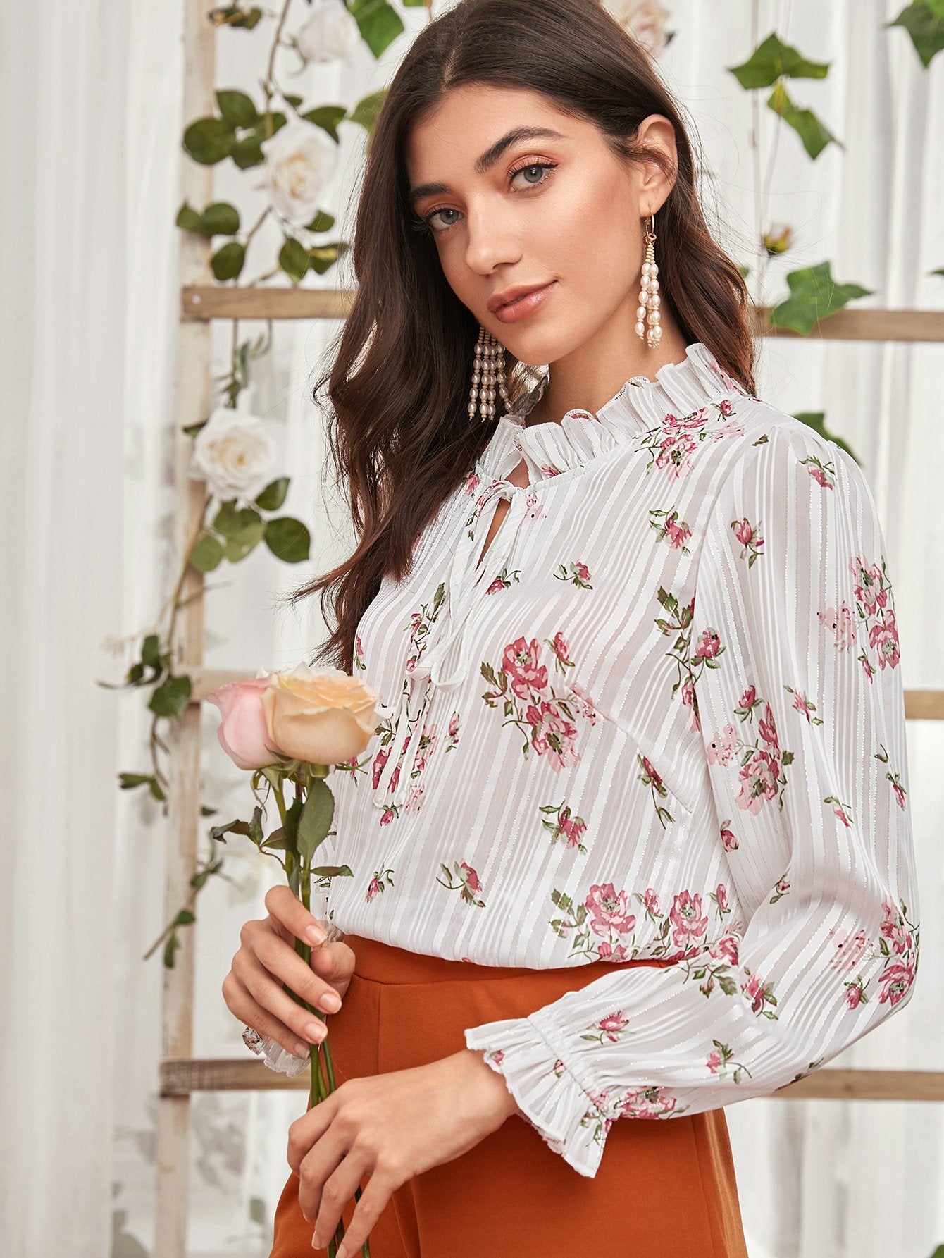 Frill Neck Floral Print Blouse
