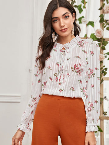 Frill Neck Floral Print Blouse