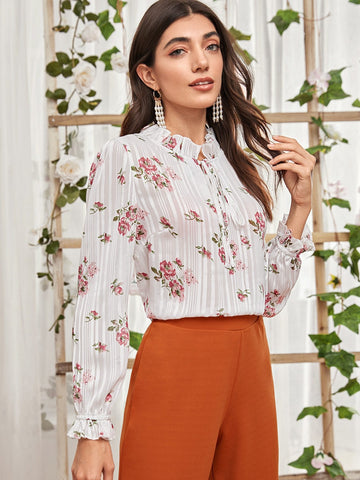 Frill Neck Floral Print Blouse