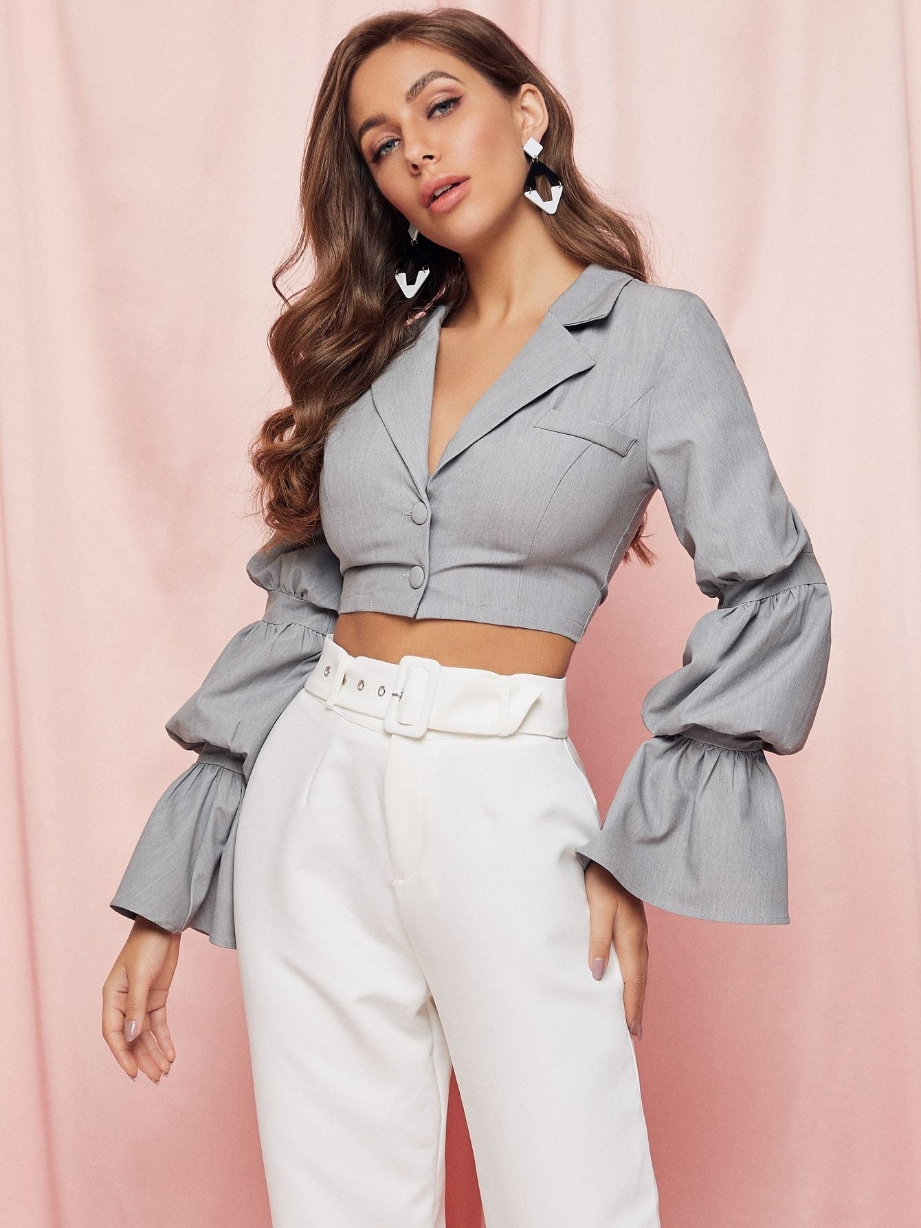 SBetro Gathered Sleeve Button Front Crop Shirt