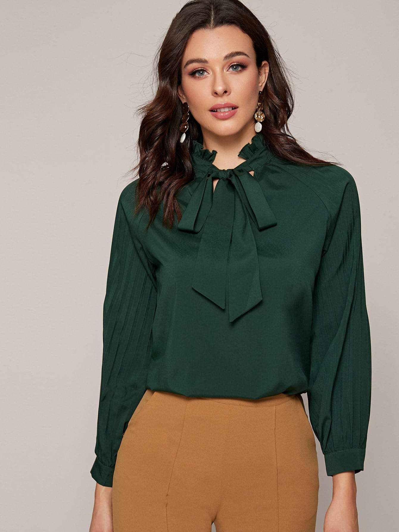 Solid Frill Tie Neck Blouse