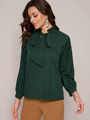 Solid Frill Tie Neck Blouse