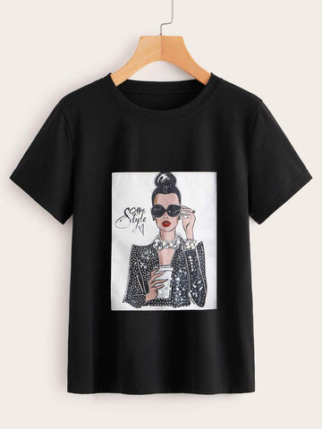 Slogan & Figure Print Tee
