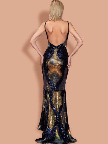 Missord Plunge Neck Backless Geo Sequin Maxi Prom Dress