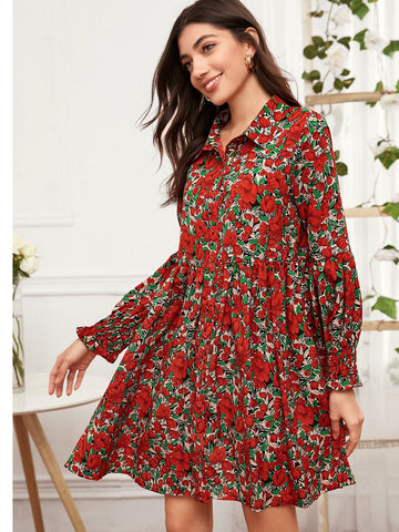 Shirred Cuff Floral Print Dress