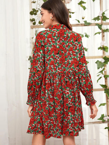Shirred Cuff Floral Print Dress