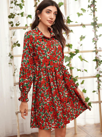 Shirred Cuff Floral Print Dress