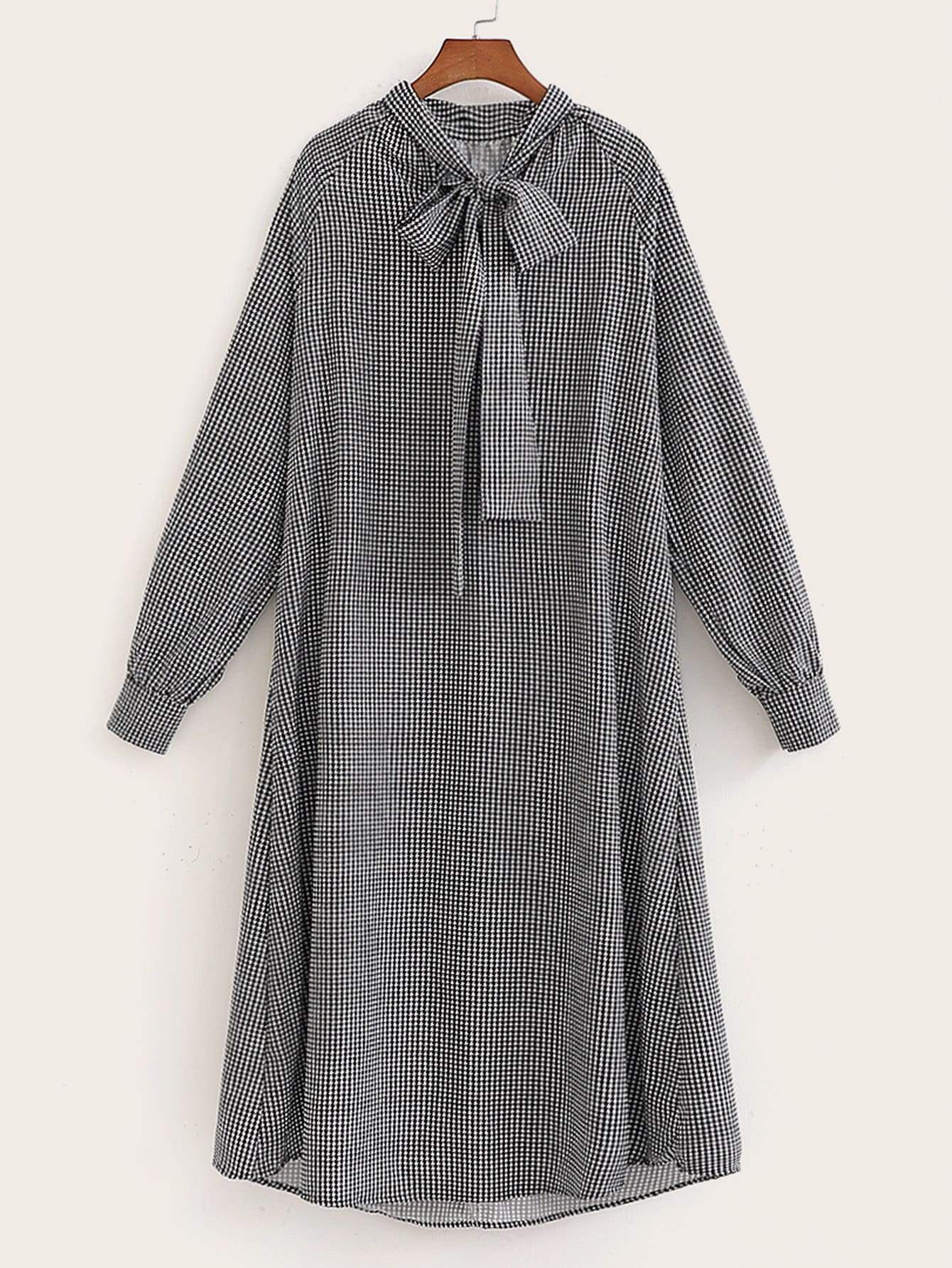 Plaid Print Tie Neck Dress