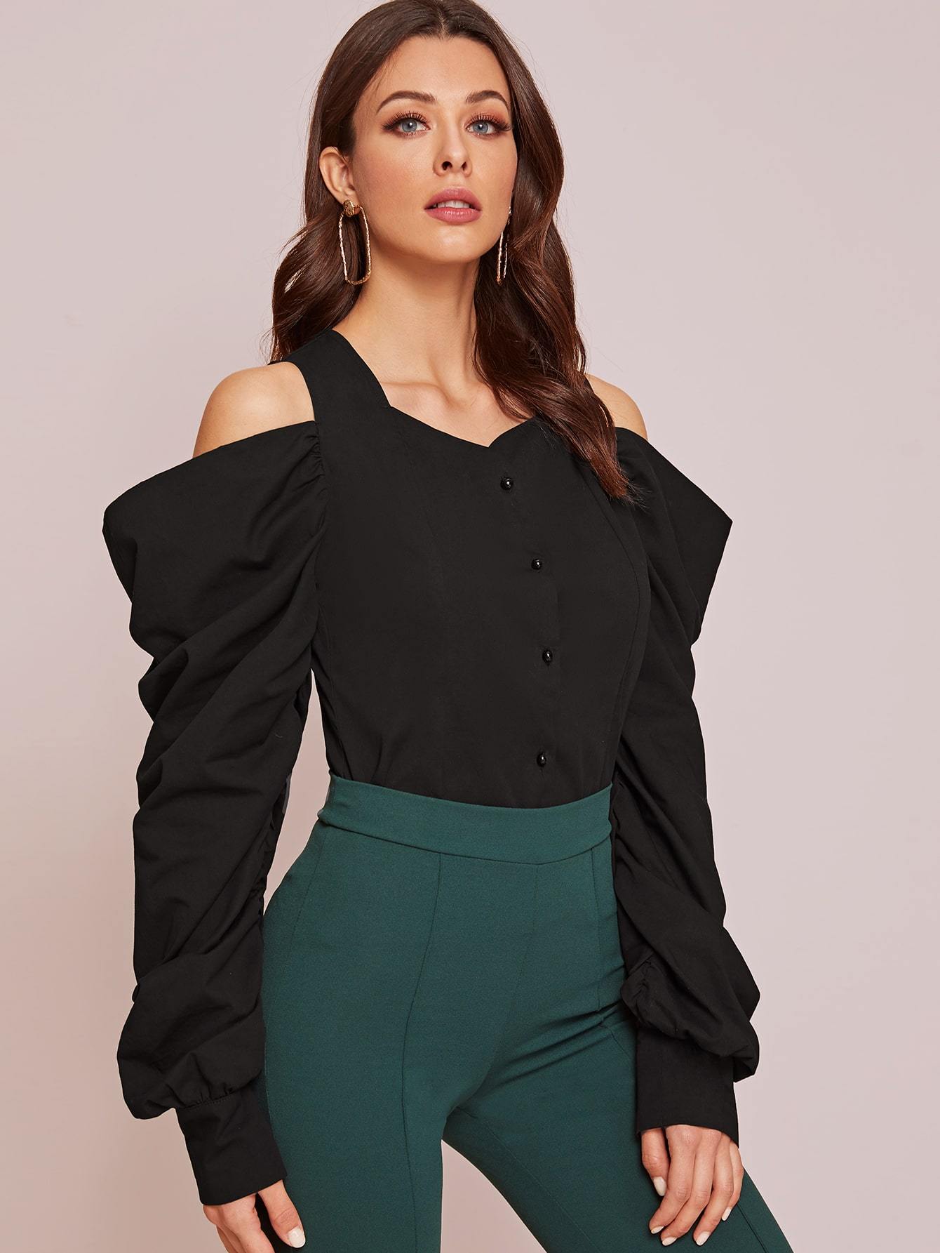 Cold Shoulder Button Front Blouse