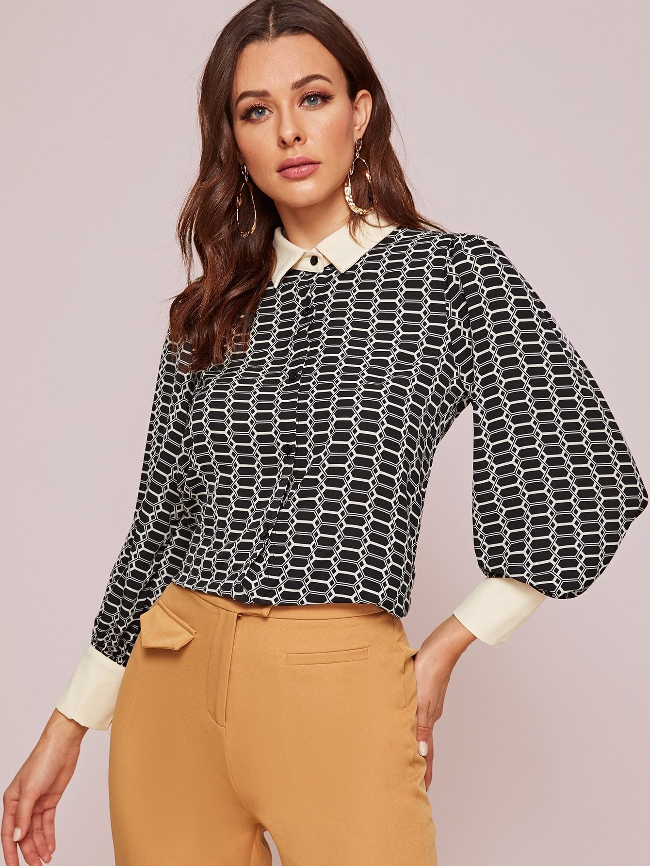 Button Through Geo Print Blouse