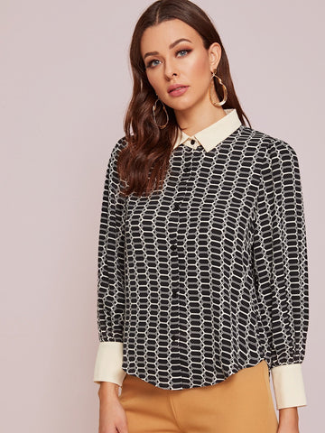 Button Through Geo Print Blouse