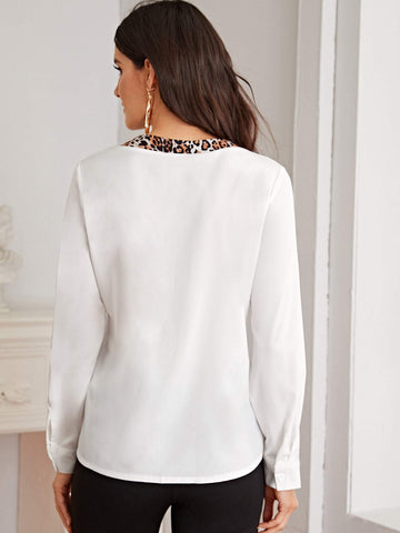 Contrast Leopard Trim Pocket Patched Blouse