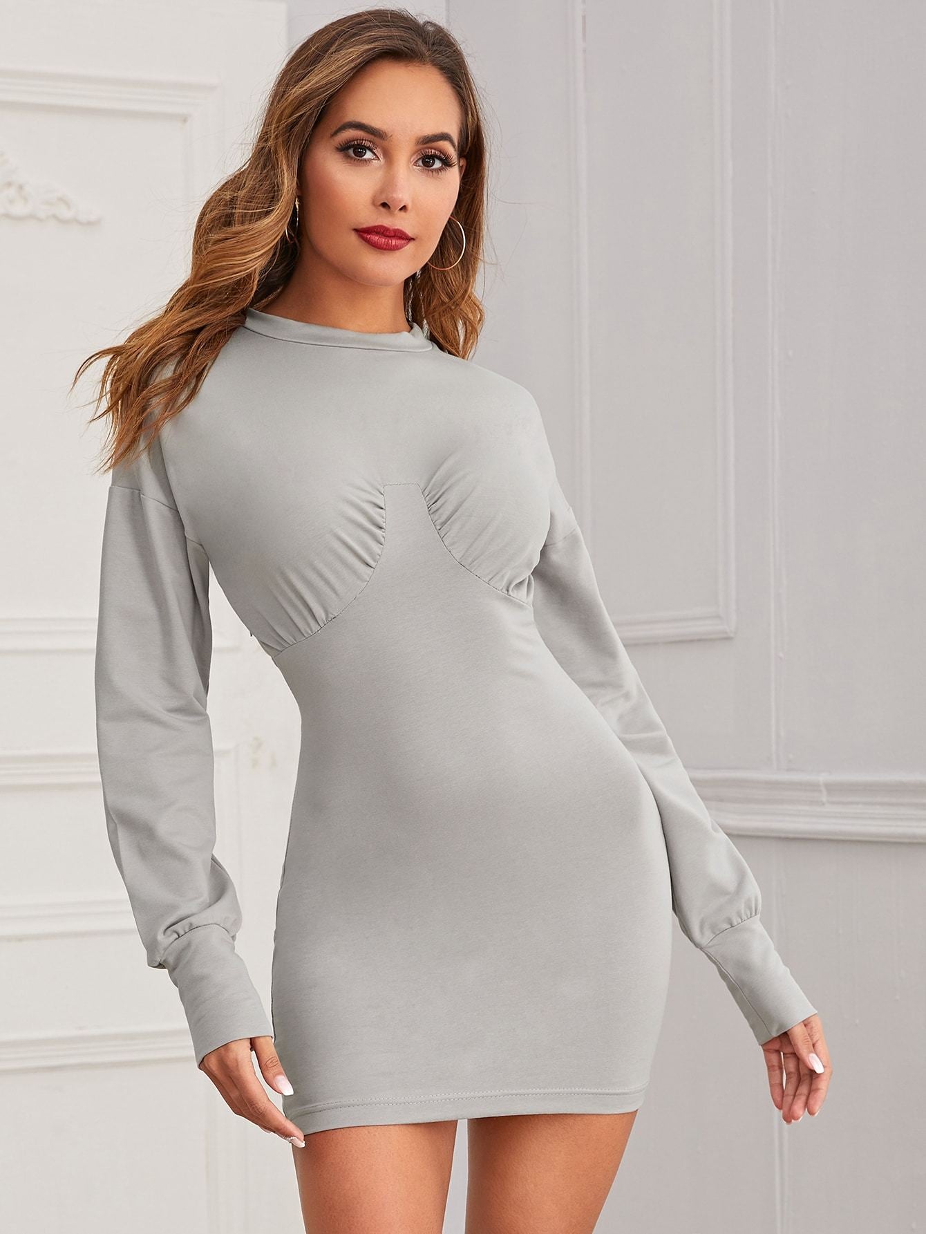 Solid Ruched Bodycon Sweatshirt Dress