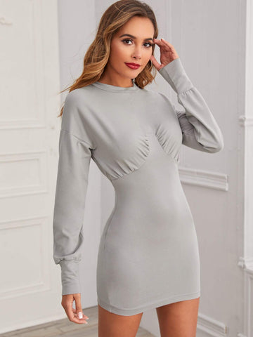 Solid Ruched Bodycon Sweatshirt Dress