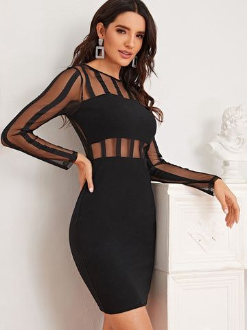 Striped Mesh Bodice Bodycon Dress