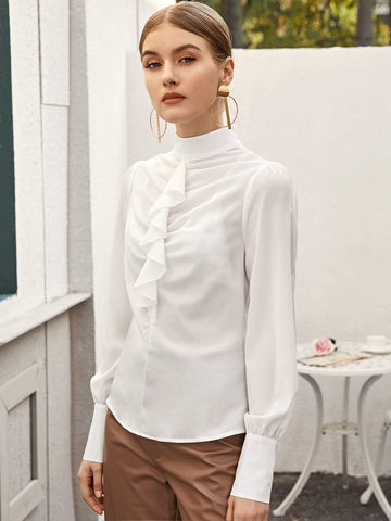 Ruffle Detail Mock Neck Sheer Top Without Bra