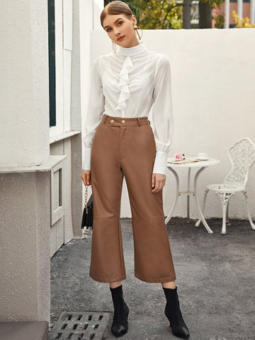 Ruffle Detail Mock Neck Sheer Top Without Bra