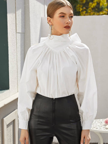 High Neck Tie Back Bishop Sleeve Oversized Top