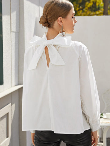 High Neck Tie Back Bishop Sleeve Oversized Top