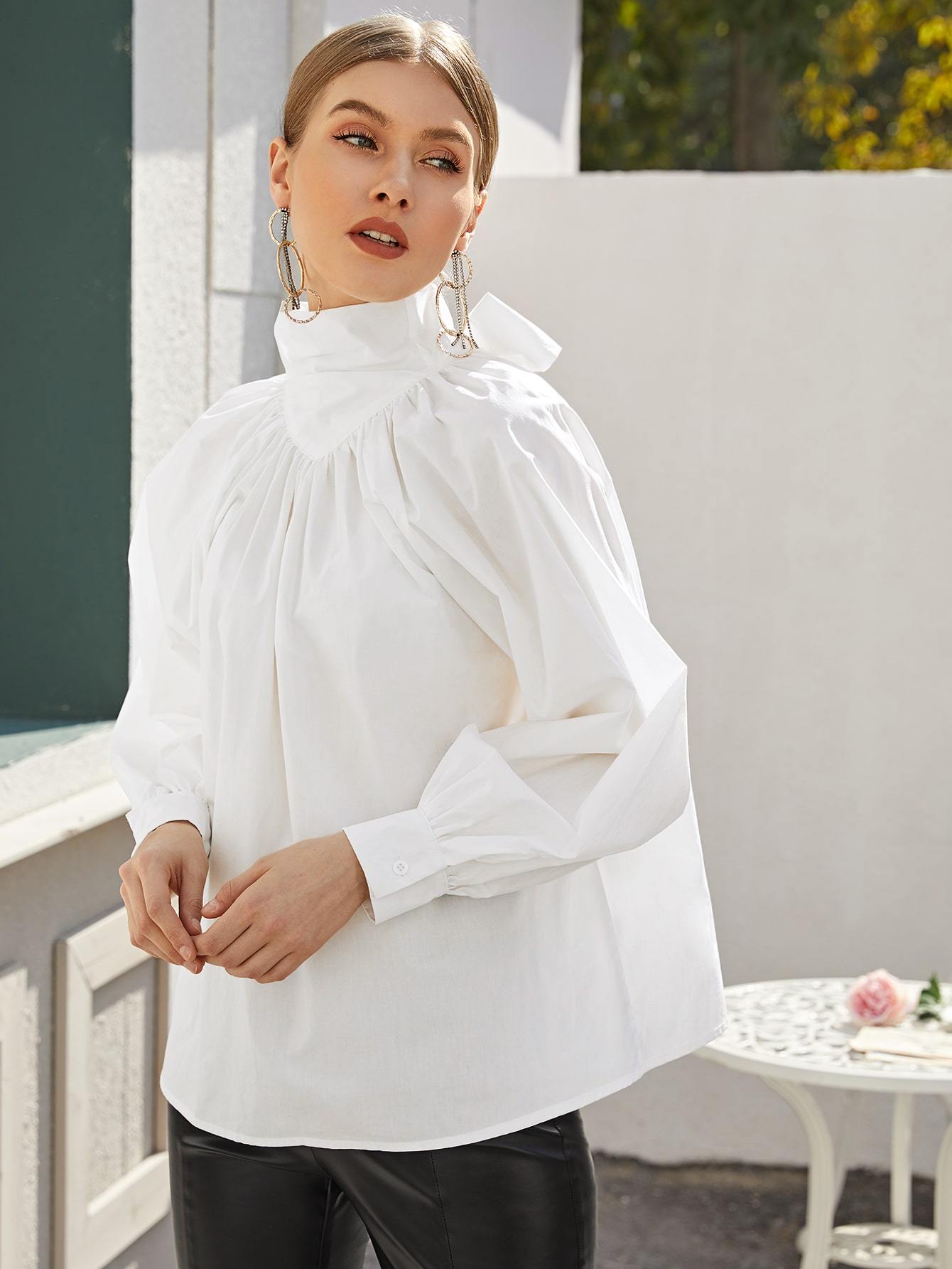 High Neck Tie Back Bishop Sleeve Oversized Top