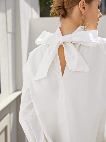 High Neck Tie Back Bishop Sleeve Oversized Top