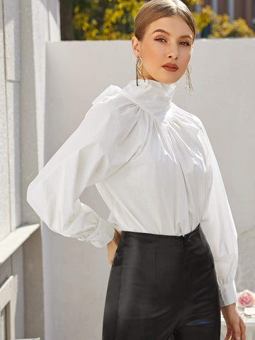High Neck Tie Back Bishop Sleeve Oversized Top