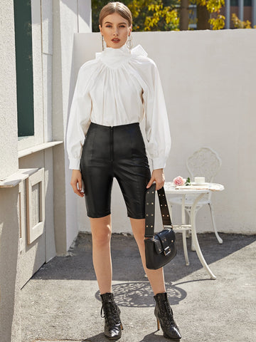 High Neck Tie Back Bishop Sleeve Oversized Top