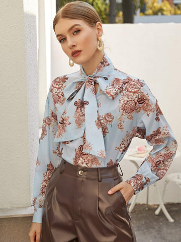 Tie Neck Floral Print Top