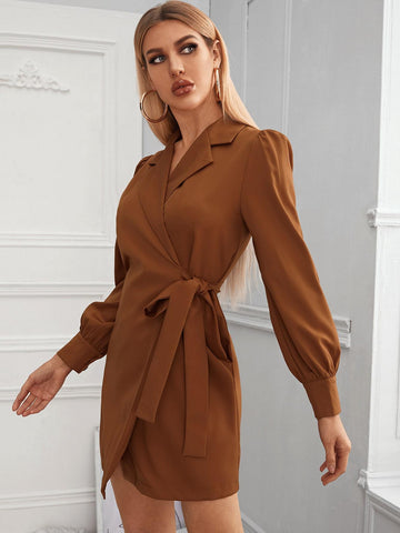 Solid Lapel Neck Wrap Blazer Dress