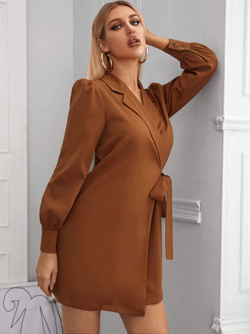 Solid Lapel Neck Wrap Blazer Dress