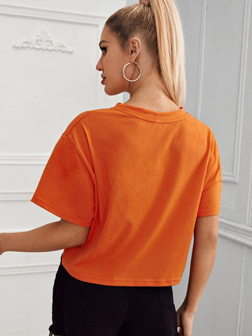 Round Neck Letter Graphic Crop Tee