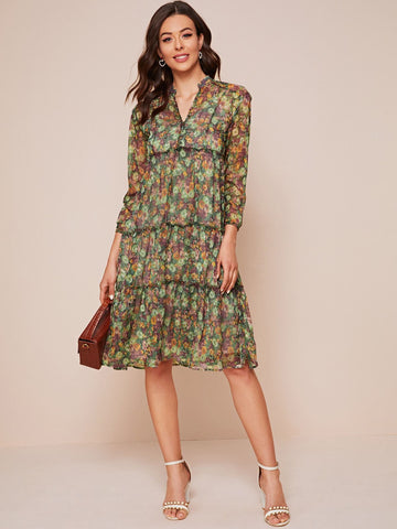 Floral Print Frilled Lettuce Trim Ruffle Hem Dress